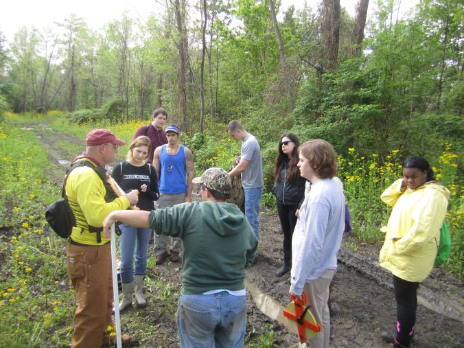 Sean, in yellow,  teaching the group how to do the survey. 