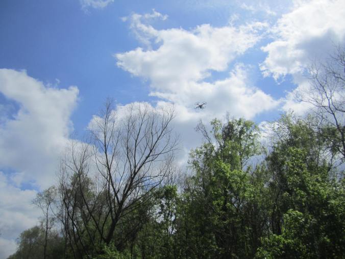 the drone up in the air,  taking aerial images of the forest